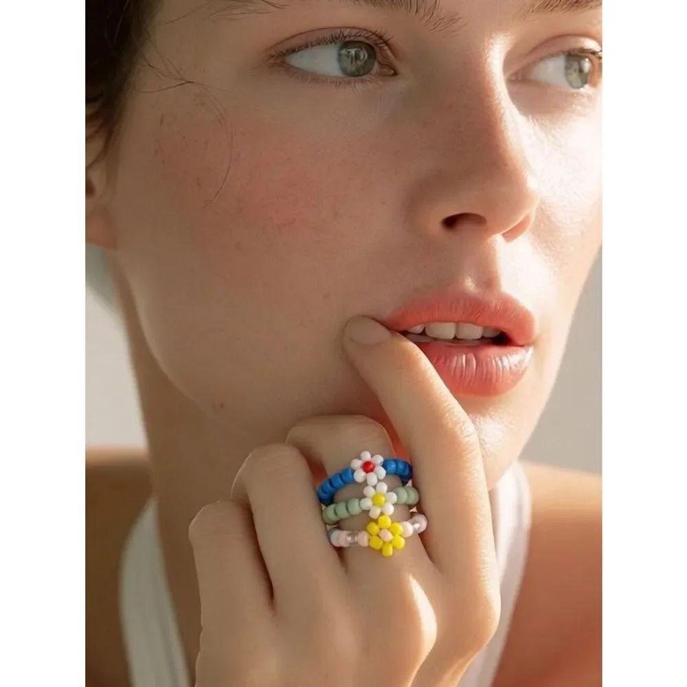 Pastel Daisy Beaded Stretch Ring Stack Set Adjustable Floral Seed Bead Boho 3pc